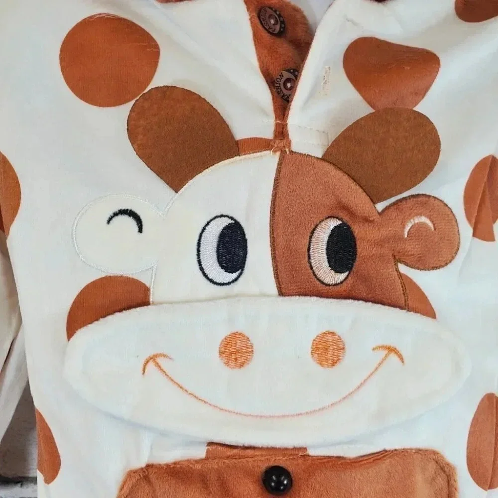 9-12M -Super Soft Brown and White Cow 2 piece Velvet with Hooded Ears Baby  Set